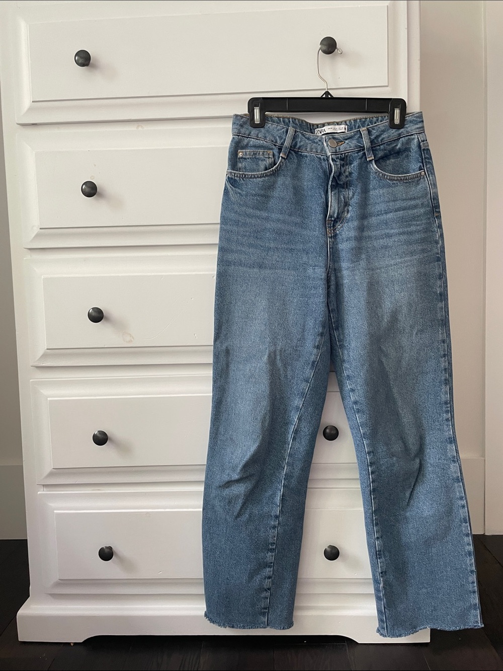 Zara Women's Straight Leg Jeans with Raw Hem in Medium Blue Wash